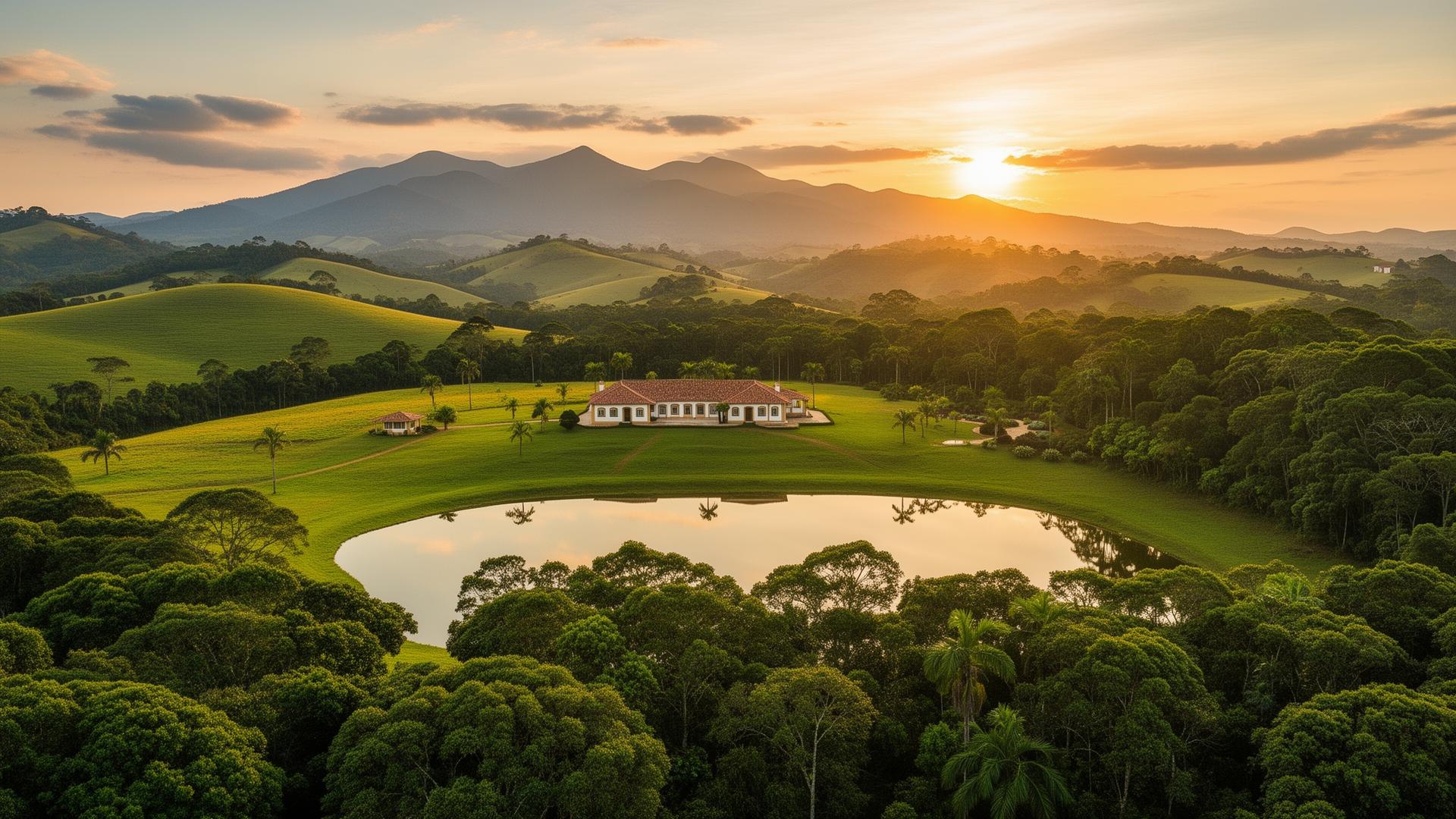 Paisagem rural de Bragança Paulista com lago e montanhas ao pôr do sol